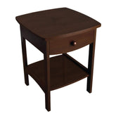 A small square table with a drawer on top, ideal for organizing items in limited spaces.